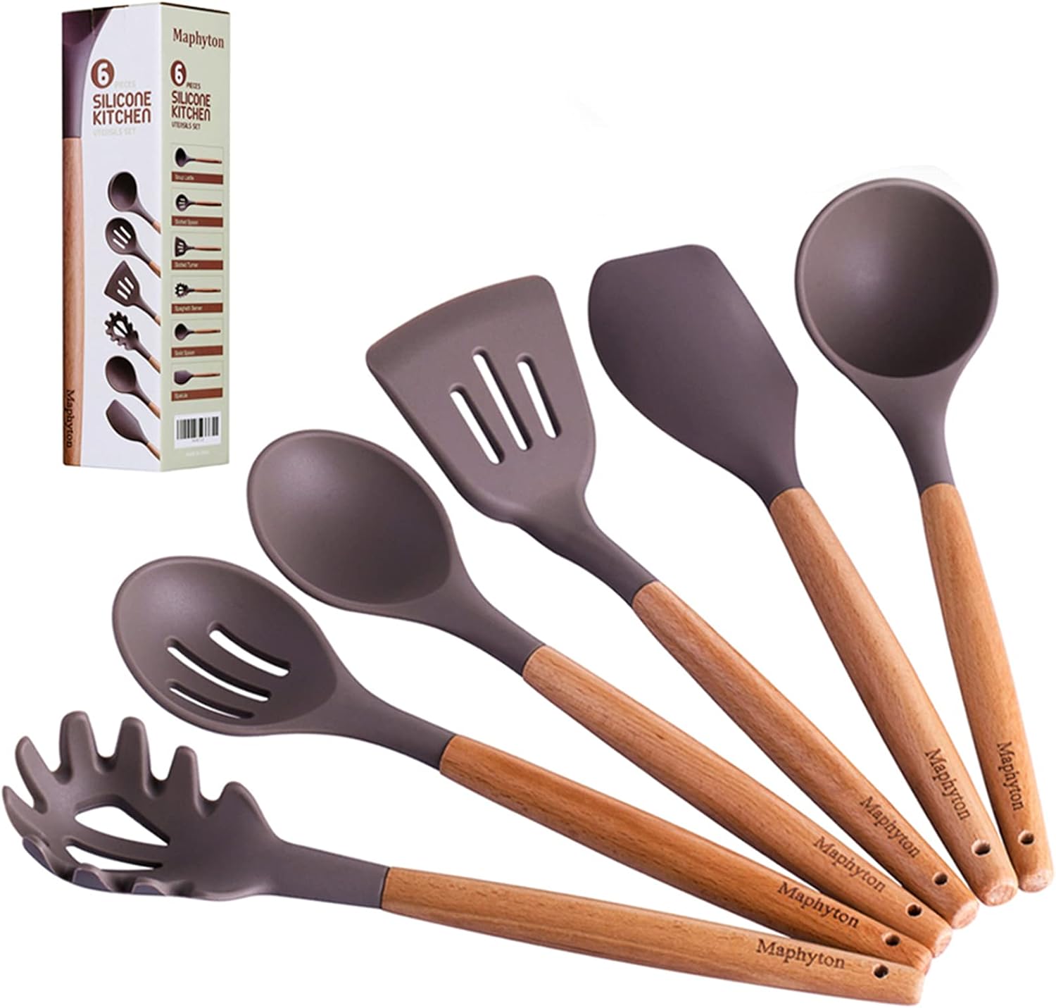 Mapthon Silicone Cooking Kitchen Utensils Set 6 PCS with Wooden Handle for Non-Sticker Cookware Heat-Resistant Kitchen Gadgets Serving Spoons, Slotted Turner, Spatula, Spaghetti Server(Grey) - Image 2