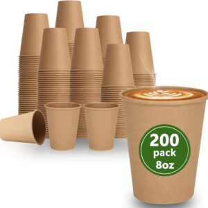 200 Pack 8 oz Brown Disposable Paper Coffee Cups, Durable Leak-Proof Kraft Paper Cups for Hot/Cold Drinks, Unbleached Paper Cups for Home, Office, Party, Cafes, Events