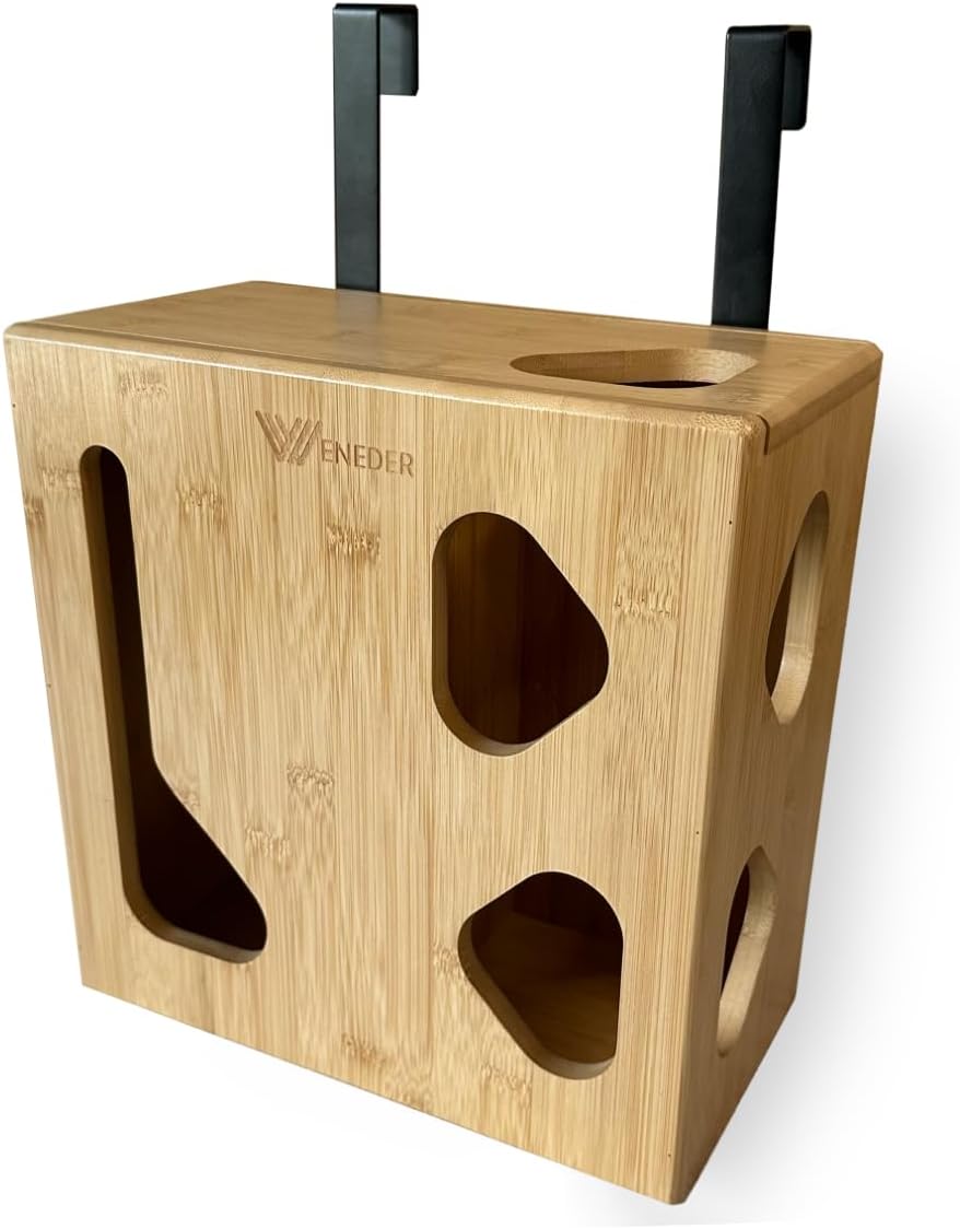Trash Bag Dispenser & Grocery Bags Holder by Weneder - Bamboo 2 in 1 Kitchen Organizer for Garbage and Plastic Bags - Under Sink Storage, Over Cabinet Door and Wall Mounted - Wooden Home Organizers - Image 2