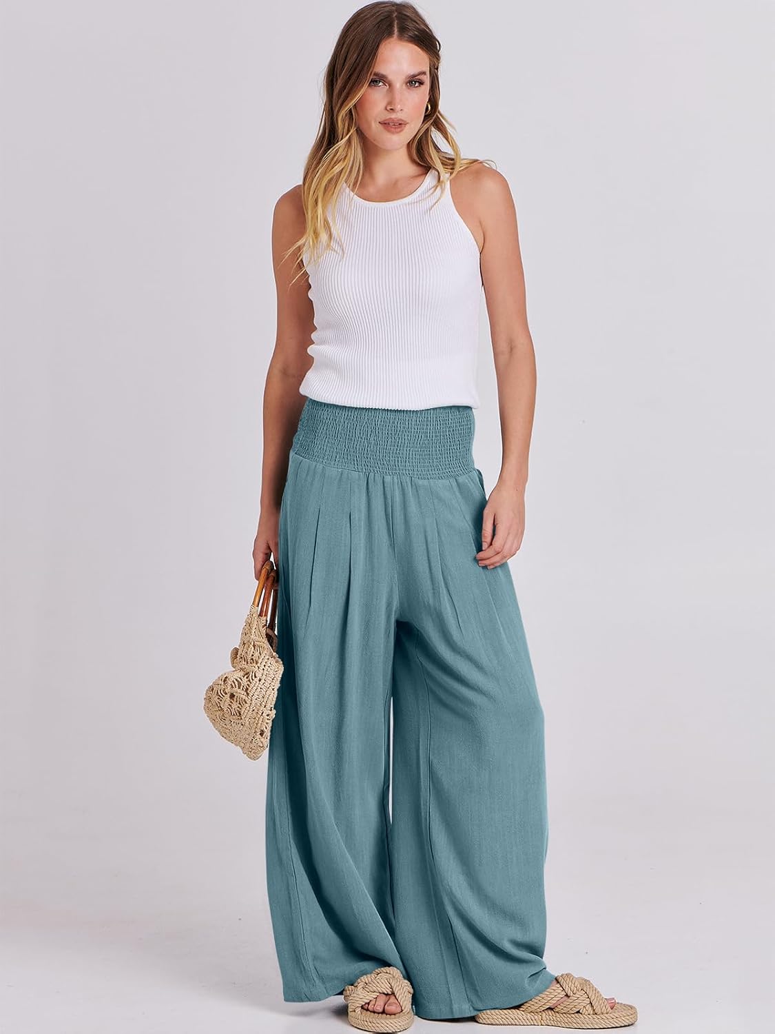 ANRABESS Women Linen Palazzo Pants Summer Boho Wide Leg High Waist Casual Lounge Pant 2025 Beach Travel Vacation Outfits - Image 6