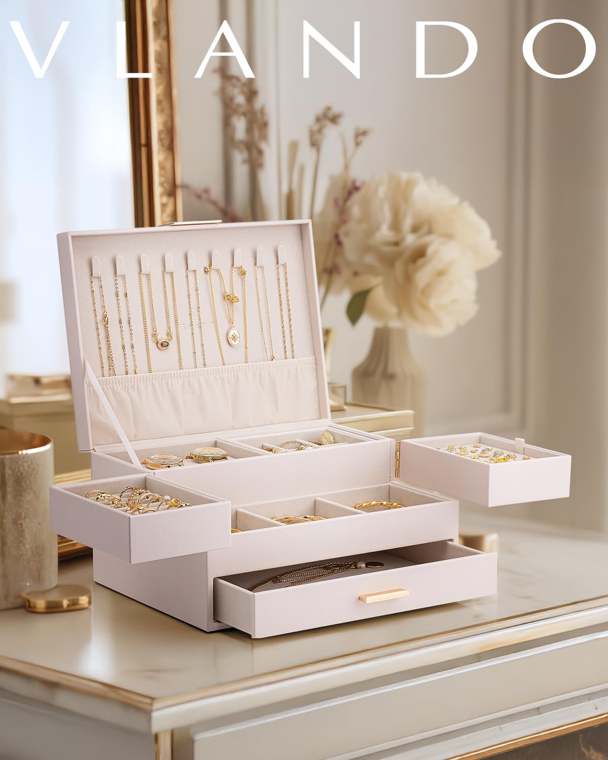 Vlando 3 Layer Jewelry Box - Women Jewelry Box with Retractable Tray - Jewelry Organizers with Drawer for Necklaces, Rings, Bracelets, Earrings, Gift for Couples Mom Girls - Pink - Image 3