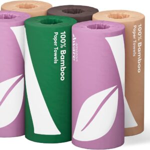 Amazon Aware 100% Bamboo Paper Towels, 6 Rolls, 2 ply, FSC Certified, 150 Sheets, 900 Count, Plastic-Free, Multicolor