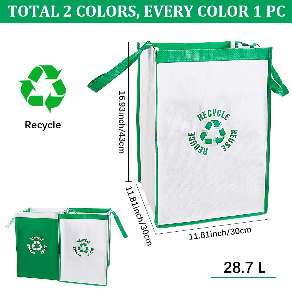 CREATCABIN 2Pcs Recycle Waste Bags Trash Recycling Bins Combo Polypropylene Waterproof Reusable Home Indoor Trash Sorting Organizer Baskets Compartment Container for Kitchen Green White 11.8x11.8x17in - Image 3