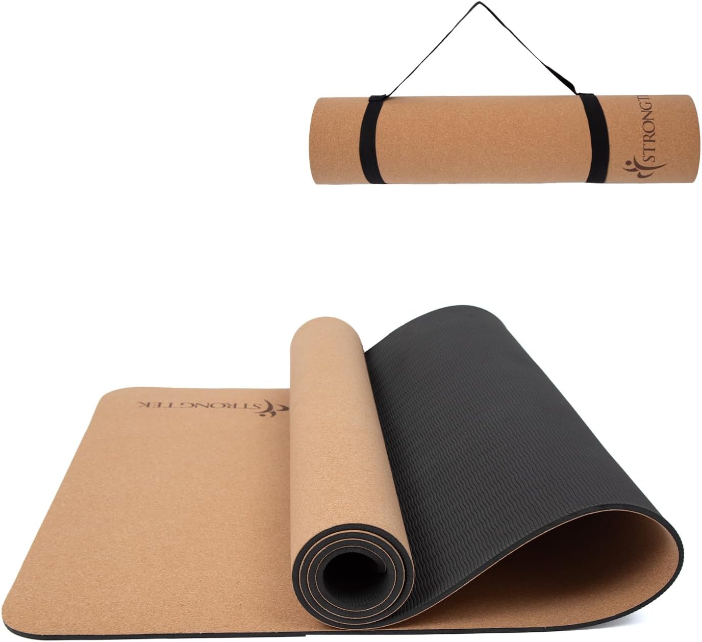 StrongTek Eco-Friendly Cork Yoga Mat, 7mm Thick, 72"x24", Cork+TPE, 2 lbs, Non-Slip, Lightweight & Cushioned Mat for Hot Yoga, Pilates & Home Fitness, Durable Surface with Natural Grip and Carry Strap - Image 2