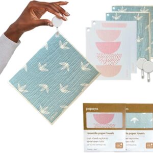 Papaya Reusable Paper Towels 4-Pack – 4 Sheets + 2 Hooks, Quick Drying, No Odor, 1 Sheet Replaces 17 Rolls, Washable Kitchen Cloth, Sustainable Dish Sponge, Eco Friendly Gift (Lazy Sundays)