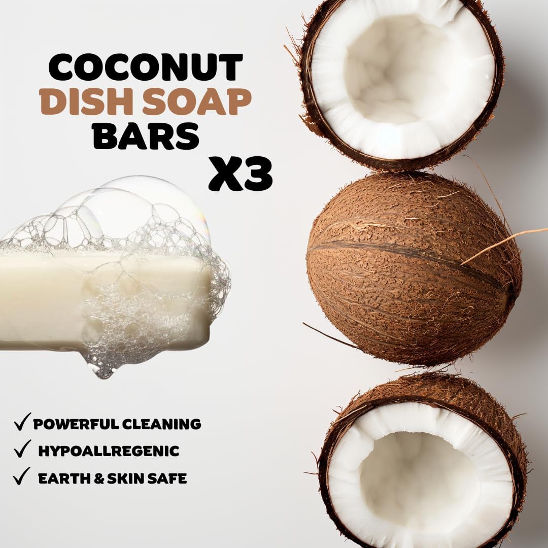 Coconut Dish Soap Bar - Organic, Pack of 3 - (3.8 oz each), Skin-Safe, Non-Toxic, Sustainable Kitchen Soap - Zero Waste - Image 2