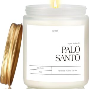 Palo Santo Highly Scented Candle for Home, 9oz Natural Soy Aromatherapy Non Toxic Candles with Essential Oil, Home Fragrance Stress Relief & Meditation Jar Candles Gifts for Women & Men, White