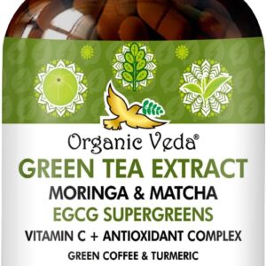 Organic Veda Green Tea Extract ECGC Capsules – Antioxidants Rich Matcha, Green Coffee Bean, Turmeric, Moringa, Vitamin C – Energy, Metabolism, Brain, Immune & Heart Health Supplement – 60 Pills