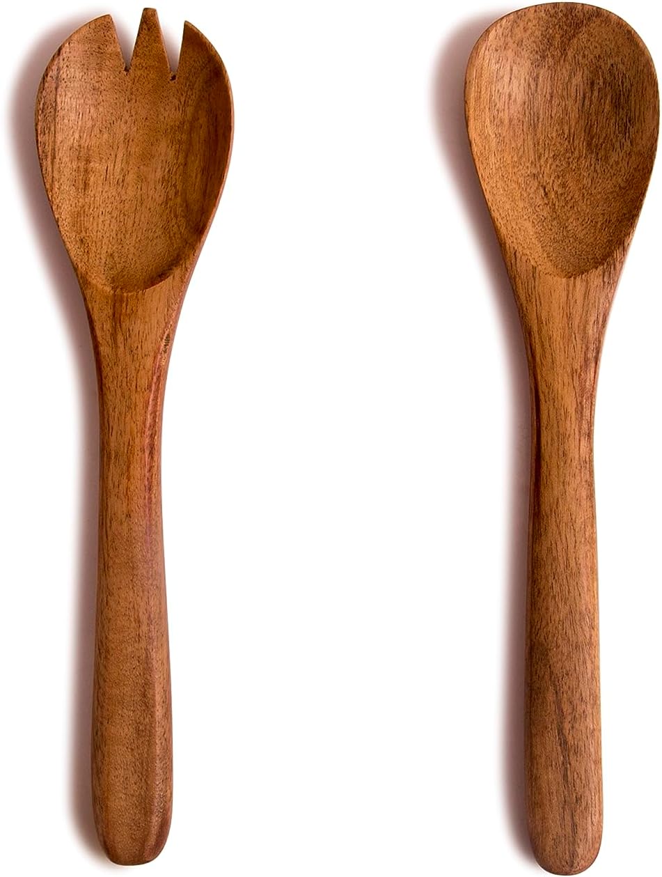 8 Inch Acacia Wood Salad Server Set Wooden Mixing Tongs Dinner Fork & Spoon Serving Utensils For Tossing Salad Handmade Cookware Salad Cooking Utensils & Accessories For Kitchen, Natural Brown - Image 2