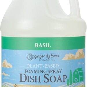 Ginger Lily Farms Botanicals Plant-Based Foaming Spray Dish Soap, Concentrated Formula with Max Grease Cleaning Power, Cruelty-Free, Basil Scent, 1 Gallon Refill (128 Fl Oz)