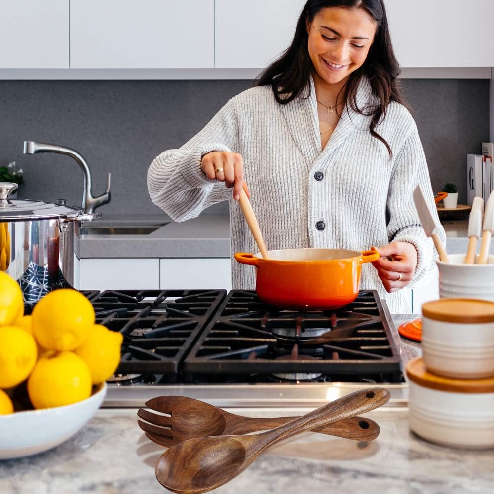 KALINCO Wooden Acacia Salad Servers with Salad Spoon and Fork Set Cooking Utensils for Kitchen (Natural Handmade Cookware) (salad servers) - Image 8