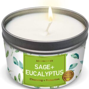 Magnificent 101 Long Lasting Sage + Eucalyptus Scented Smudge Candle – 6 Oz – 35 Hour Burn – Made of Soy Wax for Energy Cleansing & Manifestation – Fortify Life’s Uncertain Path – Soy Candles