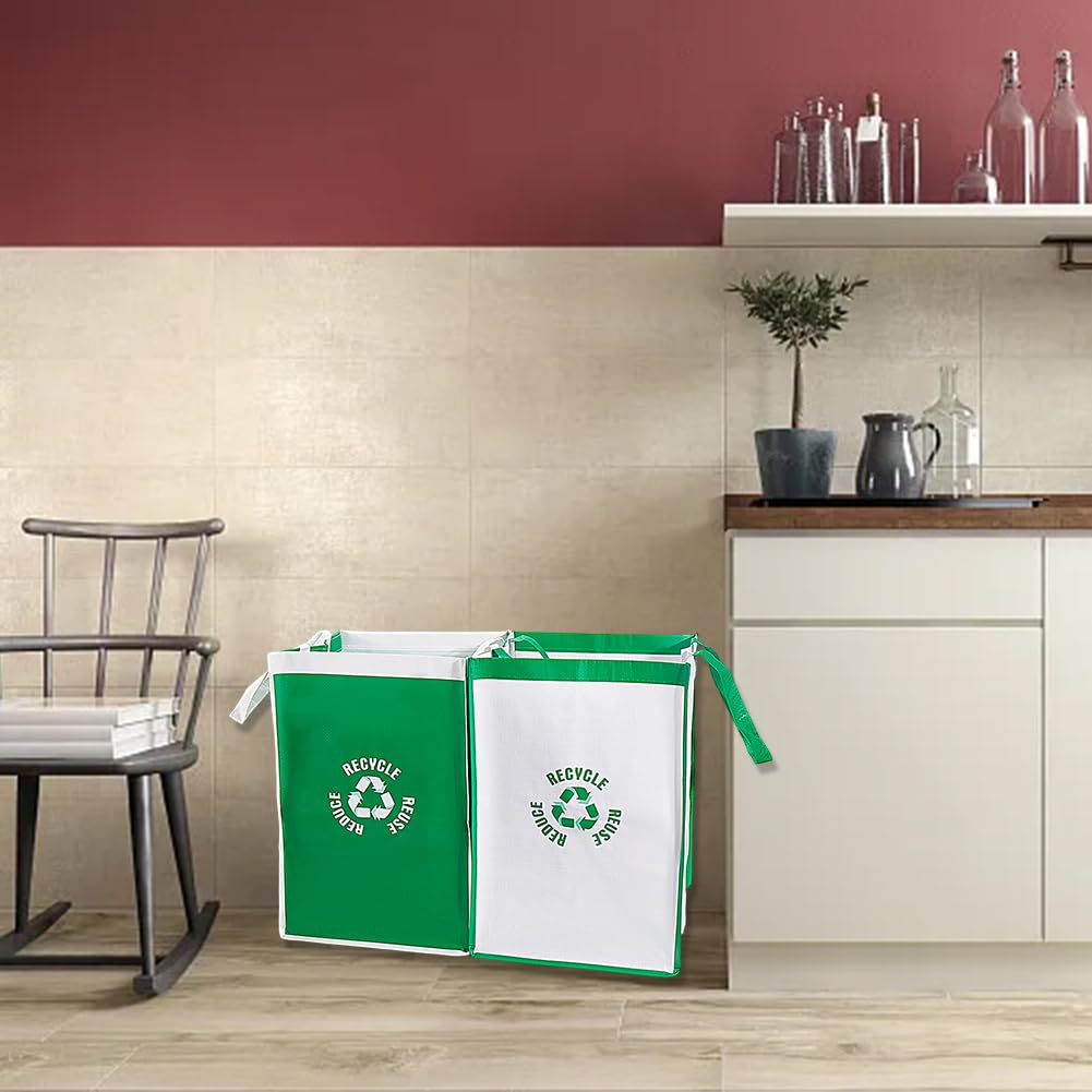 CREATCABIN 2Pcs Recycle Waste Bags Trash Recycling Bins Combo Polypropylene Waterproof Reusable Home Indoor Trash Sorting Organizer Baskets Compartment Container for Kitchen Green White 11.8x11.8x17in - Image 5