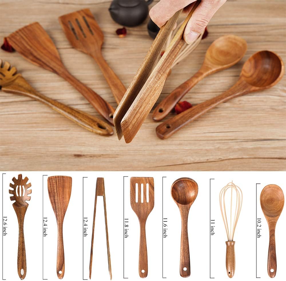 Wooden Utensil for Cooking, Wood Kitchen Utensils Cooking Set Teak Wood Spoons set for Cooking,Spatulas Non-Stick for Cookware Kitchen Spoon (7) - Image 7