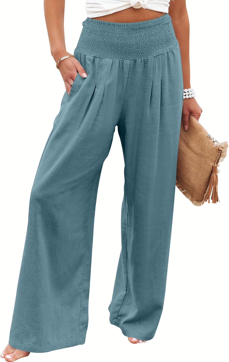 ANRABESS Women Linen Palazzo Pants Summer Boho Wide Leg High Waist Casual Lounge Pant 2025 Beach Travel Vacation Outfits - Image 2