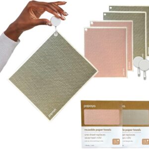 Papaya Reusable Paper Towels 4-Pack – 4 Sheets + 2 Hooks, Quick Drying, No Odor, 1 Sheet Replaces 17 Rolls, Washable Kitchen Cloth, Sustainable Dish Sponge, Eco Friendly Gift (Oat Milk Latte)