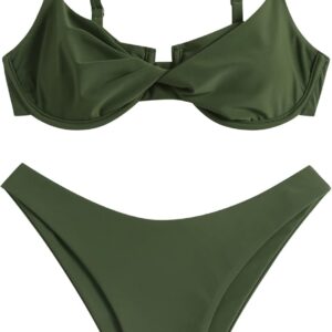 ZAFUL Women’s Twist Front Bikini Sets Underwire Tie Back Bikini High Waisted Two Piece Swimsuit