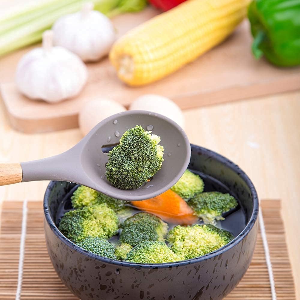 Mapthon Silicone Cooking Kitchen Utensils Set 6 PCS with Wooden Handle for Non-Sticker Cookware Heat-Resistant Kitchen Gadgets Serving Spoons, Slotted Turner, Spatula, Spaghetti Server(Grey) - Image 7