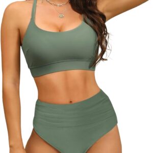 Women’s High Waisted Bikini Sets Sporty Scoop Neck Cross Back Bathing Suit Two Piece Swimsuits for Women