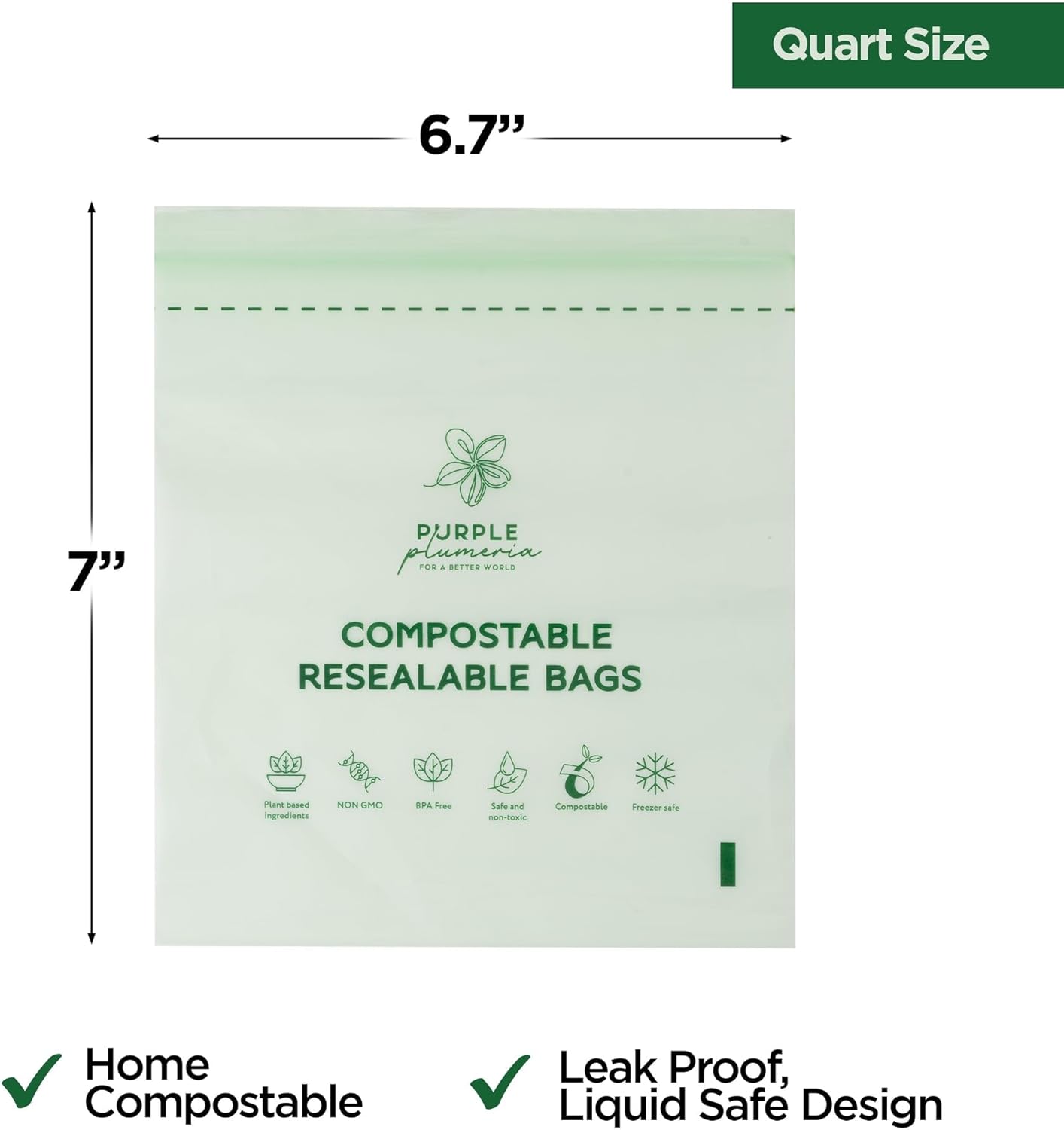 100% Compostable Resealable Food Storage Bags – Biobased, Leak-Proof, Freezer-Safe – Extra Strong & Durable – Available in Gallon, Snack & Sandwich Sizes (Quart) - Image 8