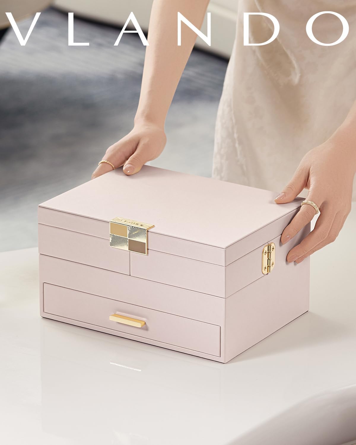 Vlando 3 Layer Jewelry Box - Women Jewelry Box with Retractable Tray - Jewelry Organizers with Drawer for Necklaces, Rings, Bracelets, Earrings, Gift for Couples Mom Girls - Pink - Image 8