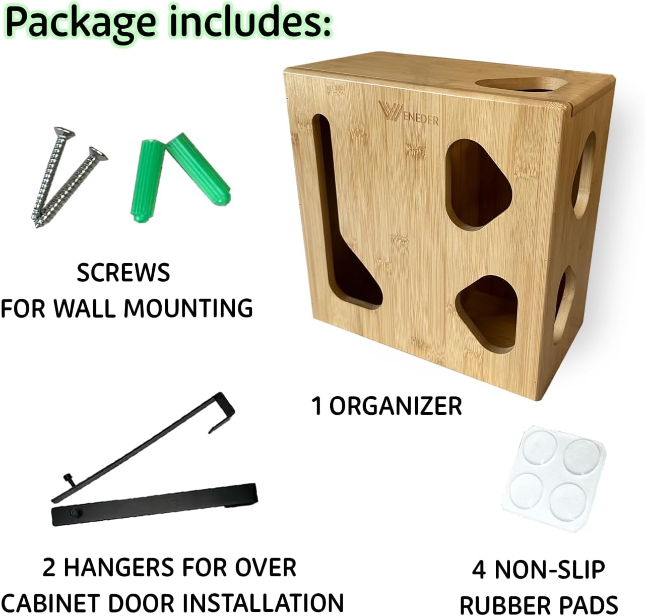 Trash Bag Dispenser & Grocery Bags Holder by Weneder - Bamboo 2 in 1 Kitchen Organizer for Garbage and Plastic Bags - Under Sink Storage, Over Cabinet Door and Wall Mounted - Wooden Home Organizers - Image 6