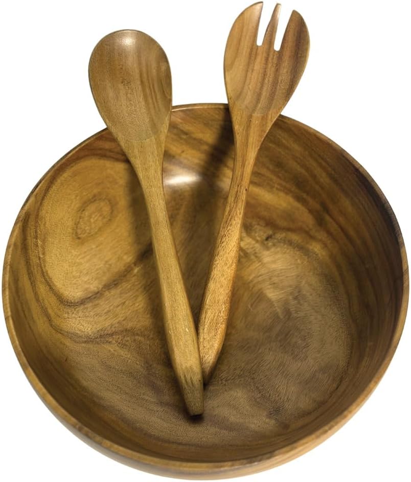 11.5 inches Acacia Wood Salad Bowl Set with 1 set spoon and fork, in a gift box, made from one pc solid acacia wood, made in Vietnam. - Image 2