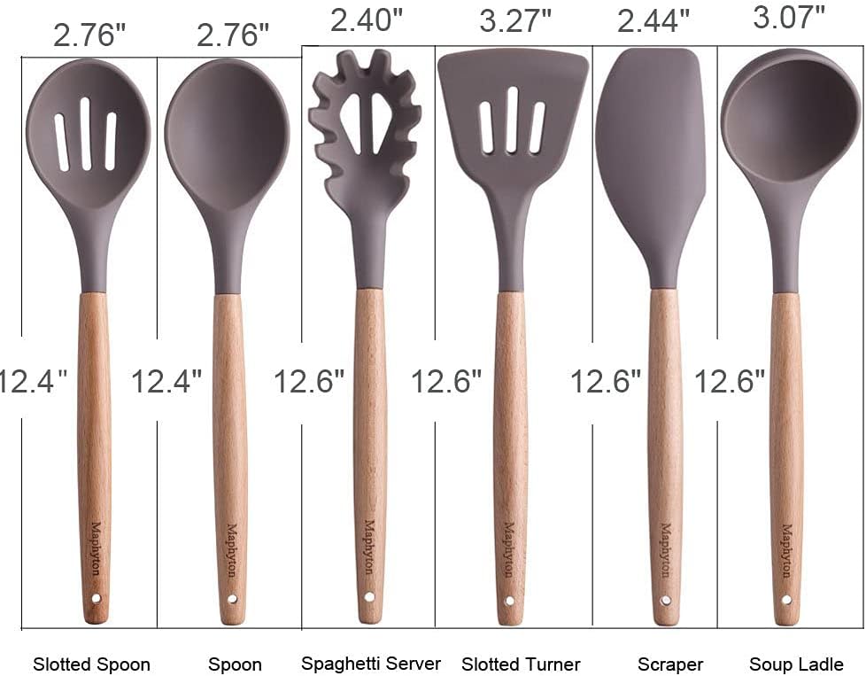 Mapthon Silicone Cooking Kitchen Utensils Set 6 PCS with Wooden Handle for Non-Sticker Cookware Heat-Resistant Kitchen Gadgets Serving Spoons, Slotted Turner, Spatula, Spaghetti Server(Grey) - Image 3