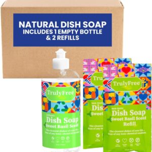 Natural Concentrated Dish Detergent Dishwashing Liquid | Plant-Based Dish Soap | Sweet Basil Fresh Scent | 2 Refill Packs with 1 Empty Refillable Squeeze Bottle (16 Oz)