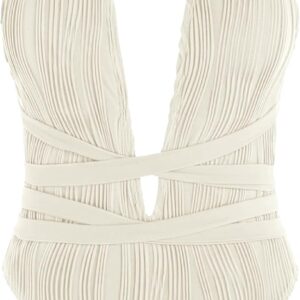 ZAFUL Women’s One Piece Swimsuit Deep V Neck Ribbed Self Tie Sexy High Cut Bathing Suit Crisscross Back Swimwear