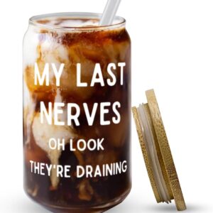 16oz Coffee Drinking Glass With Bamboo Lid – Stylish & Sustainable Drinkware for Smoothies, Iced Coffee, More – Thoughtful Gift Drinking Glass – My Last Nerves, Oh Look they’re Draining