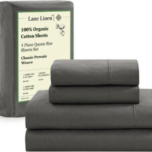 LANE LINEN Sustainably Produced 100% Organic Cotton Queen Size Bed Sheets, Soft & Comfy Naturally Cooling Percale Cotton Sheets, Low Pill Fade Resistant 15″ Deep Pocket Queen Sheets– Charcoal