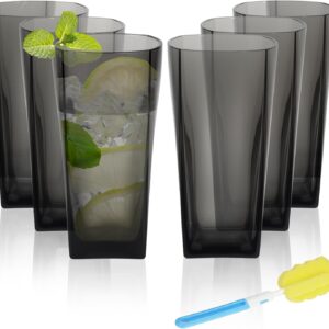 20-Ounce Reusable Drinking Glasses, Clear Shatterproof Plastic Tumblers with Cleaning Brush, Shatterproof Acrylic Glasses Drinkware, BPA Free, Set of 6 (20 Oz, Gray)
