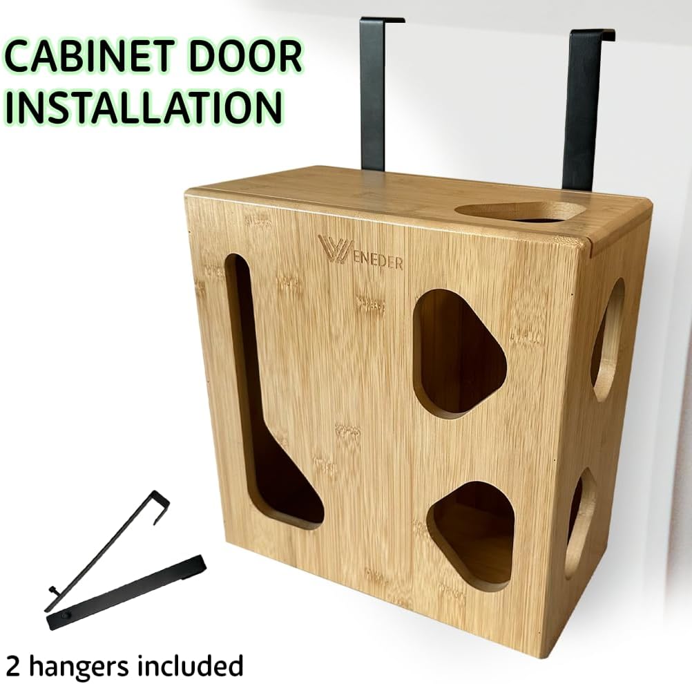 Trash Bag Dispenser & Grocery Bags Holder by Weneder - Bamboo 2 in 1 Kitchen Organizer for Garbage and Plastic Bags - Under Sink Storage, Over Cabinet Door and Wall Mounted - Wooden Home Organizers - Image 5