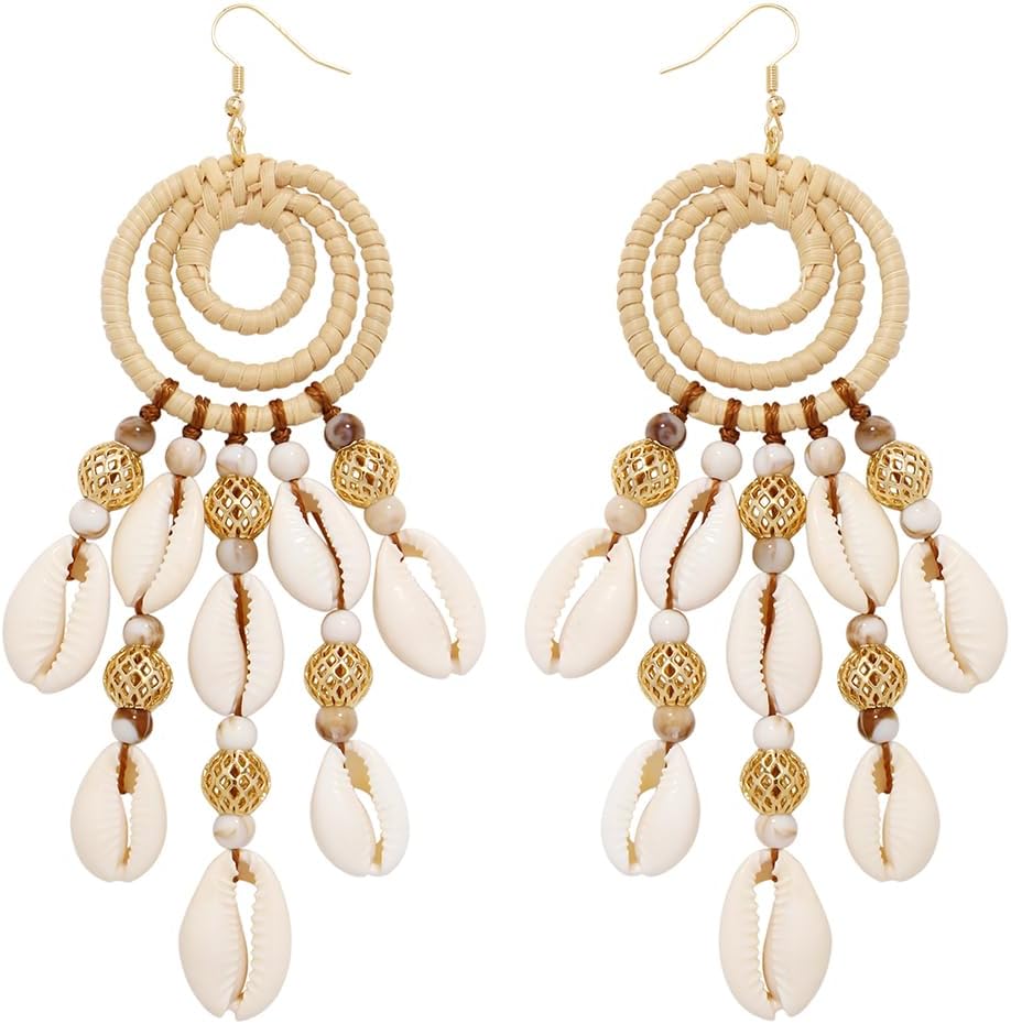 BOCAR Statement Boho Rattan Shell Dangle Earrings for Women Handmade Summer Vocation Beach Tropical Accessories Jewelry Gift (ER-1013-Beige) - Image 2