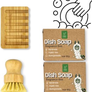 Eco-Friendly Dish Washing Bar Soap Set with 2 Fragrance-Free Solid Coconut Oil Bars, Sisal Scrub Brush, and Bamboo Holder – Sustainable Kitchen Cleaning set