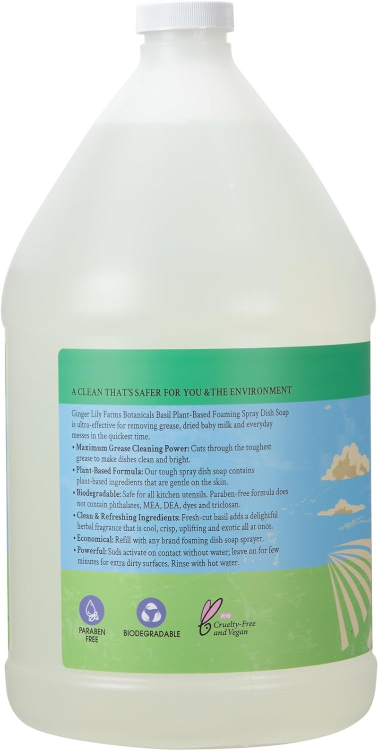 Ginger Lily Farms Botanicals Plant-Based Foaming Spray Dish Soap, Concentrated Formula with Max Grease Cleaning Power, Cruelty-Free, Basil Scent, 1 Gallon Refill (128 Fl Oz) - Image 3