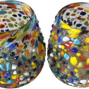 Artisanal Mexican Confetti Glass, Handblown 16 oz Tumbler Glasses – 4″x4″ Multicolor Granizado Design – Versatile Drinkware for Wine, Cocktails, Water, and More (2, Textured)