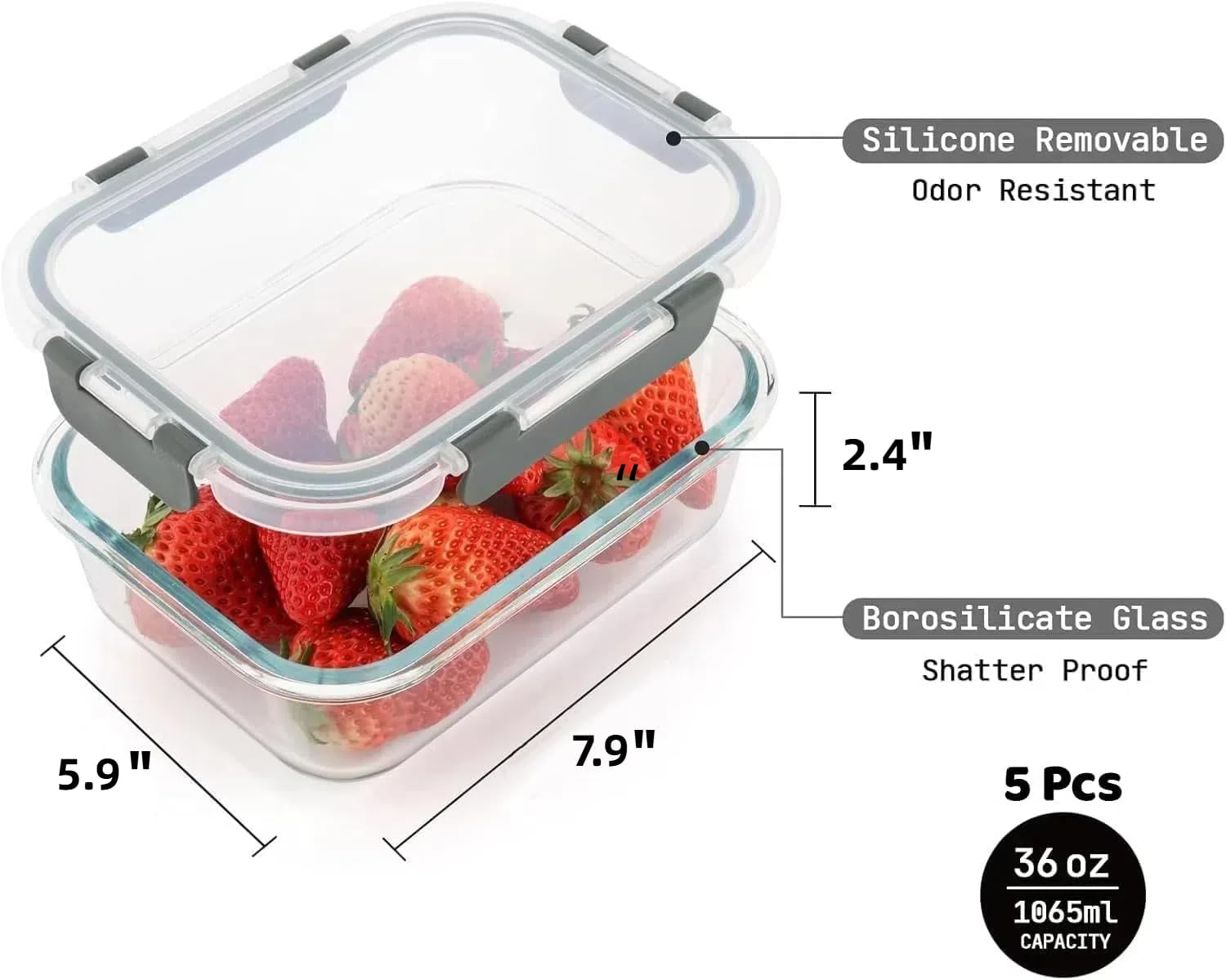 5 Pack 36 Oz Glass Meal Prep Containers with Lids, Reusable Glass Food Storage Airtight Lunch Containers with Lids, Leak Proof, Microwave, Oven, Freezer and Dishwasher Safe (Gray) - Image 7
