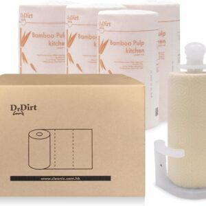 DrDirt Bamboo Paper Towels, Strong and Sustainable, Oil-Absorbing, Water-Locking, with Plastic Holder, 5 Rolls, 173 Sheets/Roll