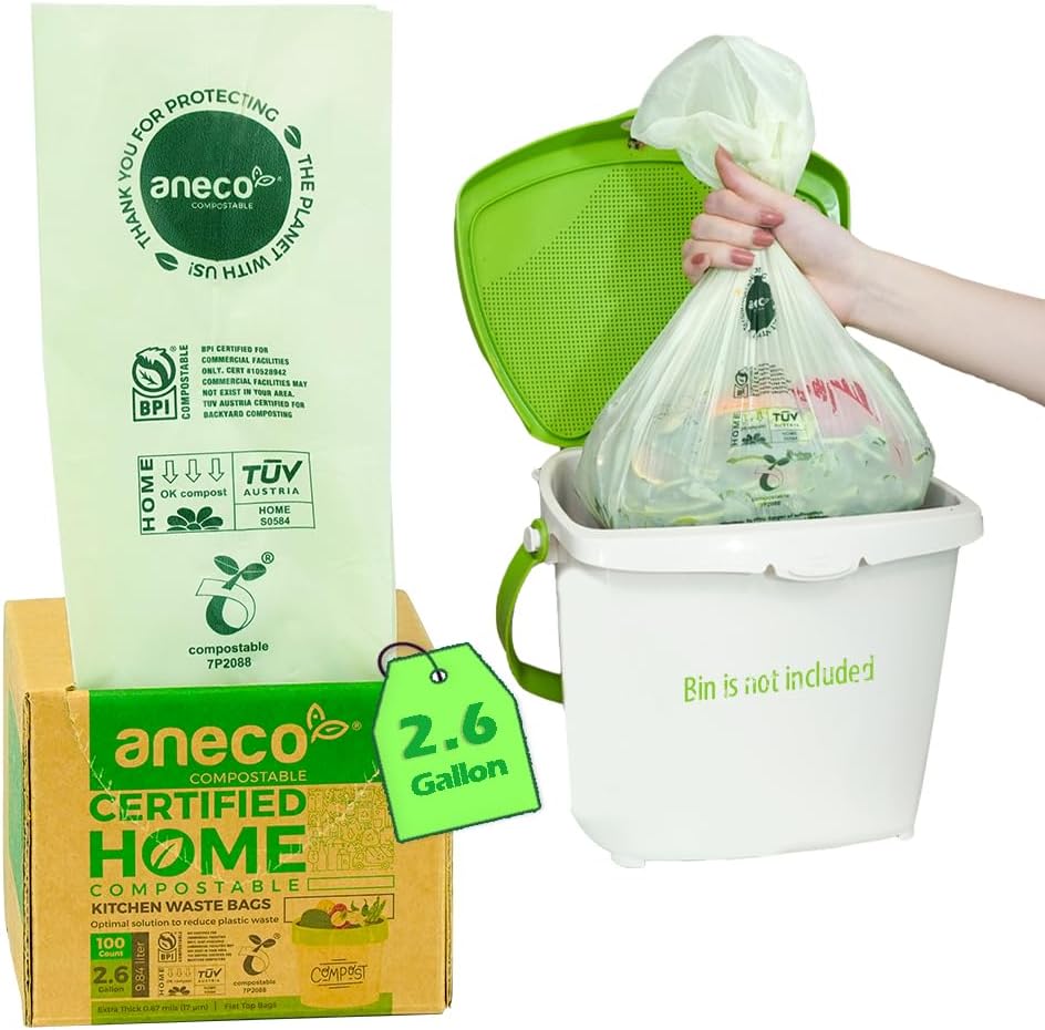 ANECO 100% Compostable Waste Bags 2.6 Gallon, Extra Thick Kitchen Small Compost Bags for Countertop Bin (100 Count) - Image 2