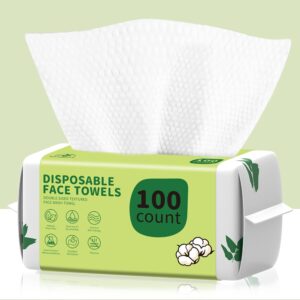 Disposable Face Towels 100 Count, Biodegradable Ultra Soft & Thick Facial Towels for Sensitive Skin, Lint-Free Makeup Remover Dry Wipes, Multi-Purpose Cleansing Towelettes for Face Wipes, Skincare
