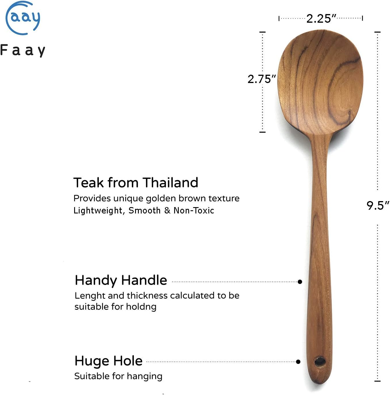 FAAY 2 Teak Serving Spoons, 9.5 Inches Wooden Spoon, Salad Servers, Handcrafted from High Moist Resistance Teak, 100% Healthy Utensils - Image 3