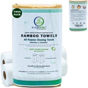 Reusable Bamboo Rayon Towels – Pack of 2 Washable Kitchen Paper Towels – Lint free, Zero Waste, Recyclable, 2×20 Heavy Duty Organic Washable Rolls