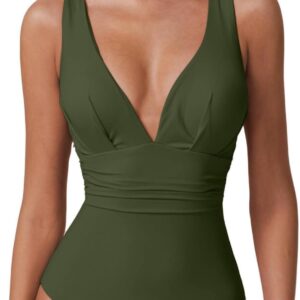 QINSEN Womens Sexy V Neck One Piece Bathing Suit Cross Back Swimsuit High Waist Monokini