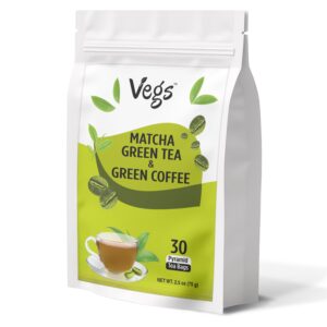 VEGS Matcha Green Tea and Green Coffee – Super Greens Energy & Antioxidant Rich Tea with Arabica Coffee Bean Extract for Focus – 2.5g x 30 Pyramid Tea Bags, No Sugar, Vegan & Non GMO