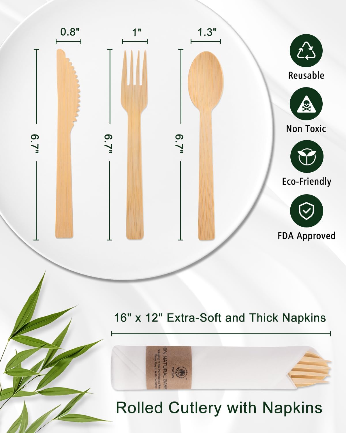 Bamboo Compostable Cutlery Set 50 Pack - Biodegradable Utensils with Forks, Knives, Spoons & Napkins - Eco Friendly Disposable for Wedding, Party & Camping - Image 4