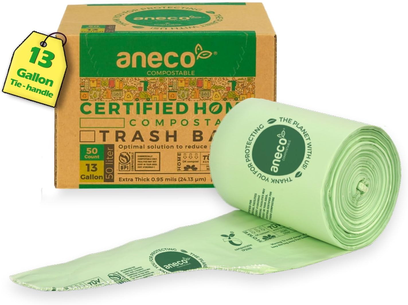 ANECO Compostable Food Waste Bags 13 Gallon, 50 Count, Extra Thick Kitchen Compost Bags With Handles, Large Compostable Bags for Tall Kitchen Bin - Image 2