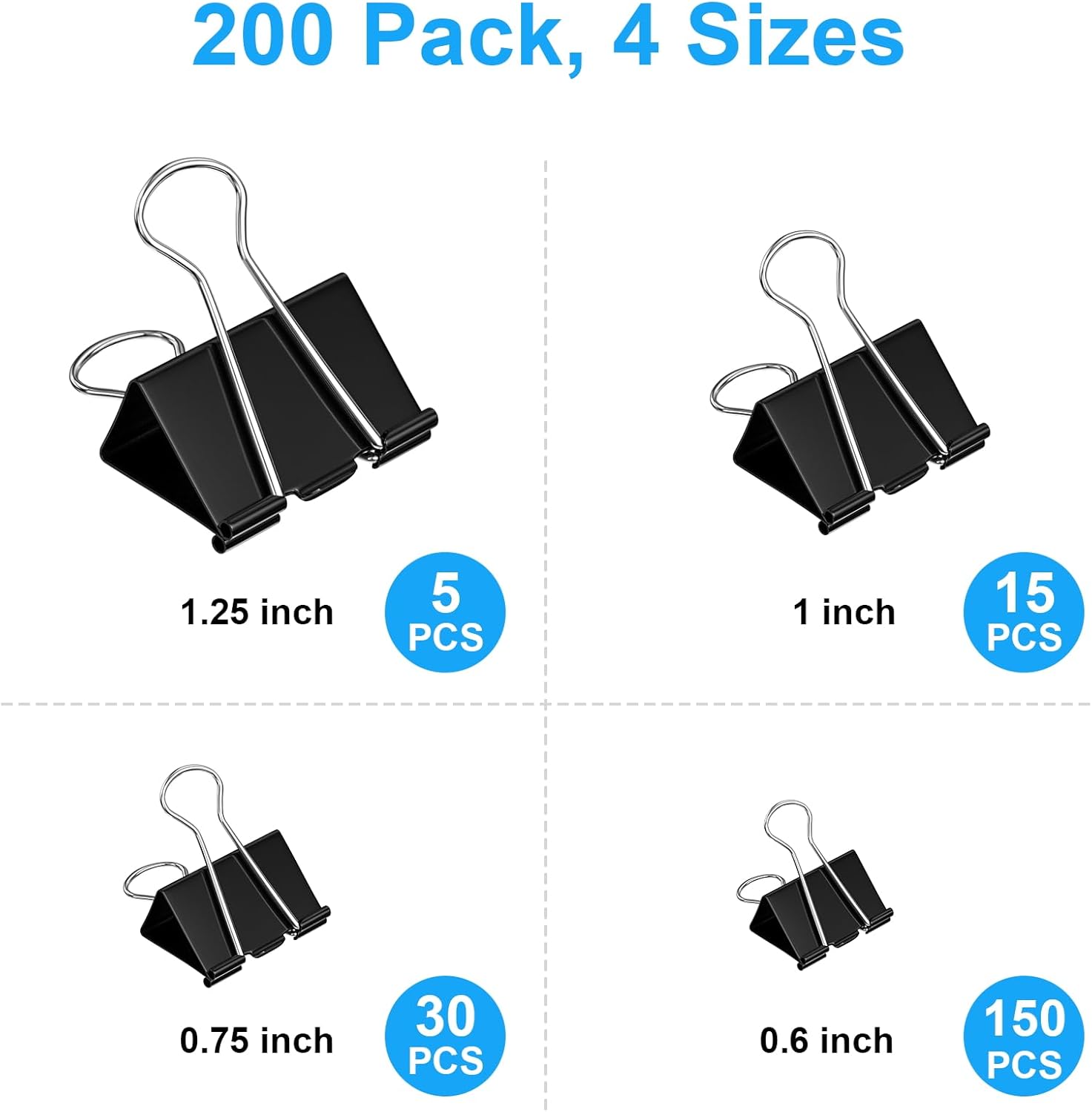 200 Count Binder Clips Assorted Sizes, 4 Sizes Large, Medium, Small, Mini, Metal Paper Clamps, Bulk Black Clips Office Supplies (1 1/4", 1", 3/4", 1/2 Inch) KKEETUR - Image 3
