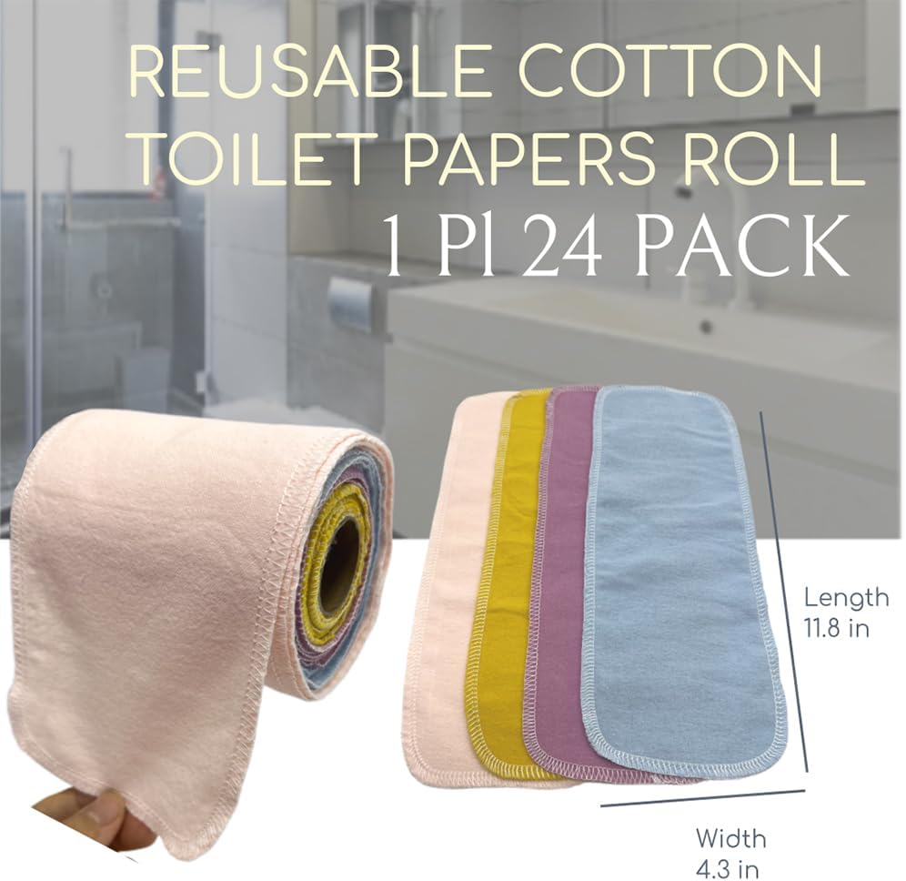 Reusable Toilet Paper Towels 24 Count Roll,Washable Absorbent No Tear Bidet Towels Cotton Cloth,Zero Waste Cleaning Supplies for Bathroom (Solid 4 Colors B) - Image 2